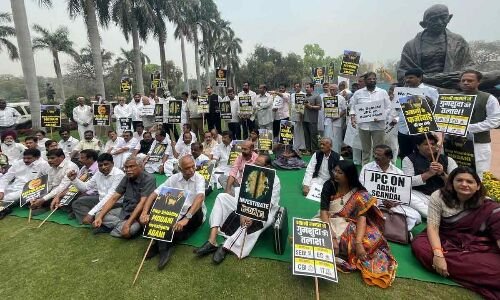 BRS MPs demand Centre to establish JPC on Adani during protest at Vijay Chowk
