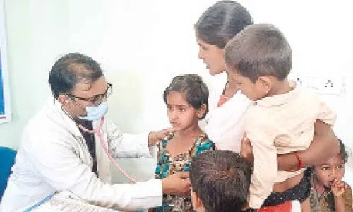 Children attend free medical camp to receive healthcare services.