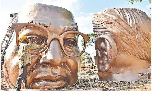"Finalizing the Dr. B R Ambedkar Monument in Hyderabad: A Look at the Towering Statue - Photo Included"