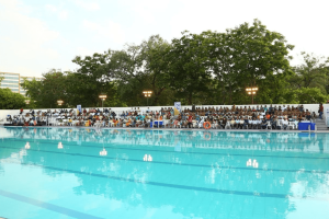 Hyderabad Public School unveils new Olympic-sized swimming pool for students and faculty use.
