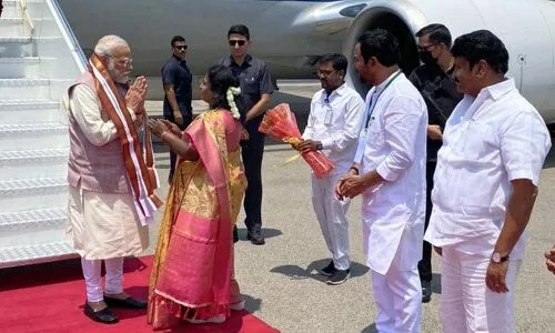 Narendra Modi, Prime Minister of India, Arrives at Begumpet Airport in Hyderabad.