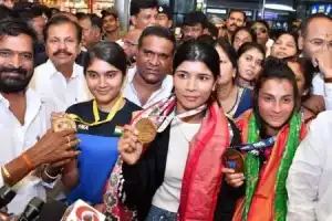 Nikhat Zareen, the Champion, receives a warm welcome at RGI Airport in Hyderabad