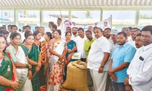 Sathish Kumar, MLA, inaugurates a sunflower procurement centre in Karimnagar.