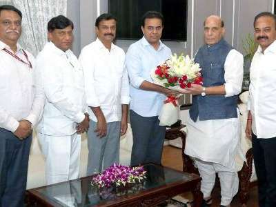 KTR holds meeting with Rajnath Singh regarding defence land