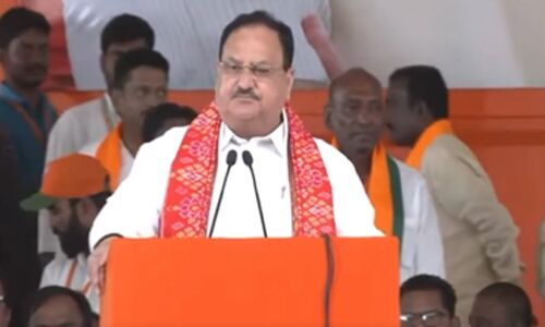 Nadda says Telangana’s development is only possible if BJP wins power in the state.