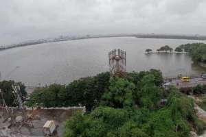 City’s Hussainsagar Lake filled to the brim with heavy monsoon rainfall