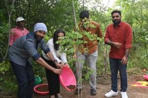 Sivakarthikeyan, the actor, participates in the Green India Challenge by planting a sapling in Hyderabad.