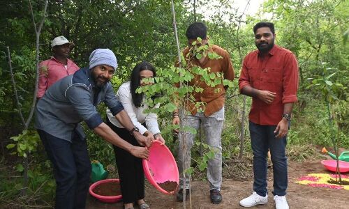 Sivakarthikeyan, the actor, participates in the Green India Challenge by planting a sapling in Hyderabad.