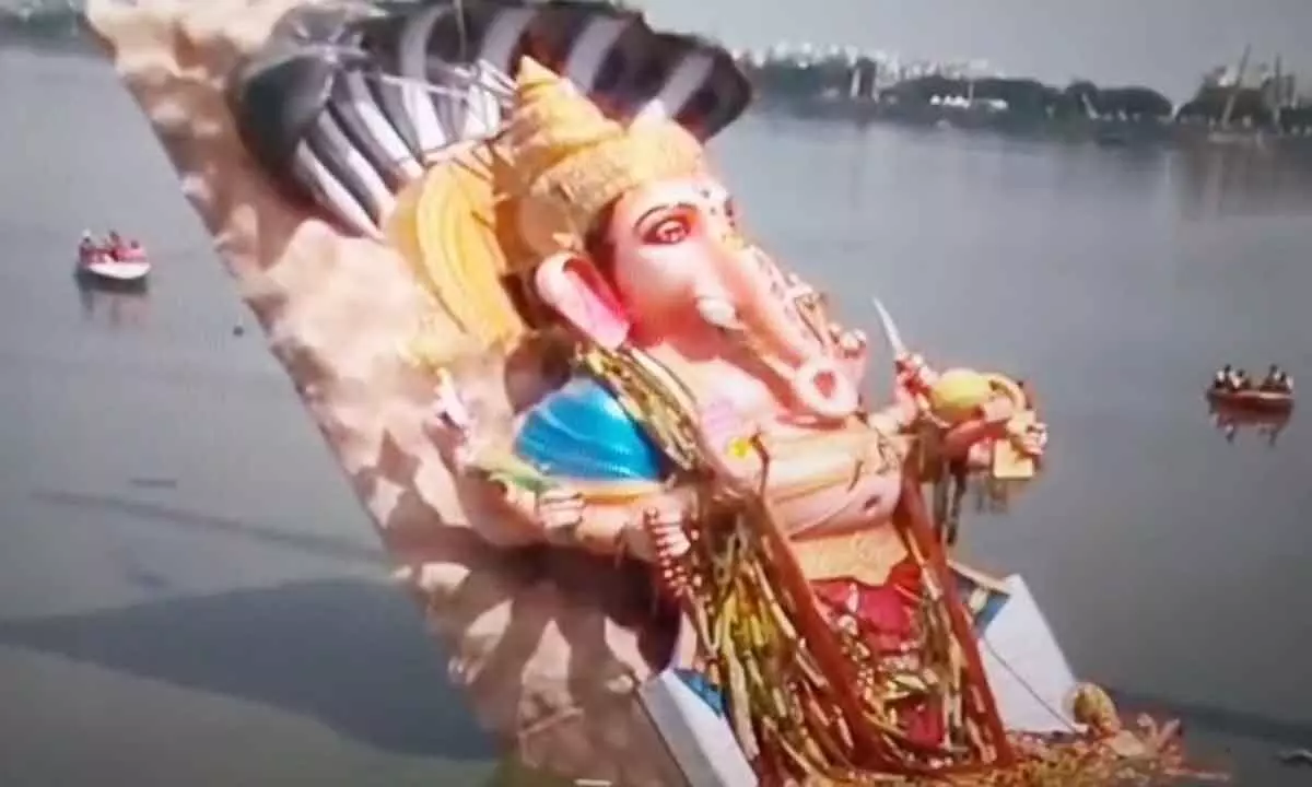 Ganesh Idol from Khairatabad Submerged in Hussain Sagar