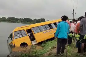 No casualties as school bus falls into pond in Vikarabad, Telangana