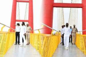 Srinivas Goud examines progress on suspension bridge construction in Mahbubnagar, confirms imminent inauguration