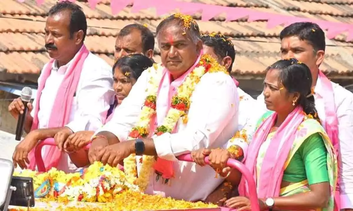 BRS candidate Chalmeda Lakshmi Narasimha Rao claims Government transformed waste fields into fertile lands in Sircilla.