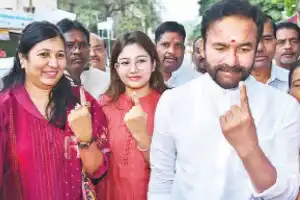 Kishan Reddy exercises his voting right in Kacheguda, Hyderabad.