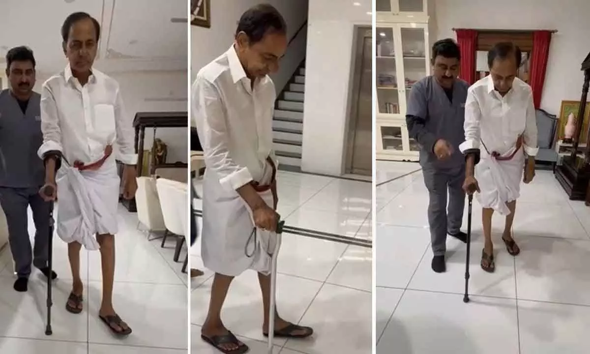 KCR Begins Using Walking Stick to Aid Mobility