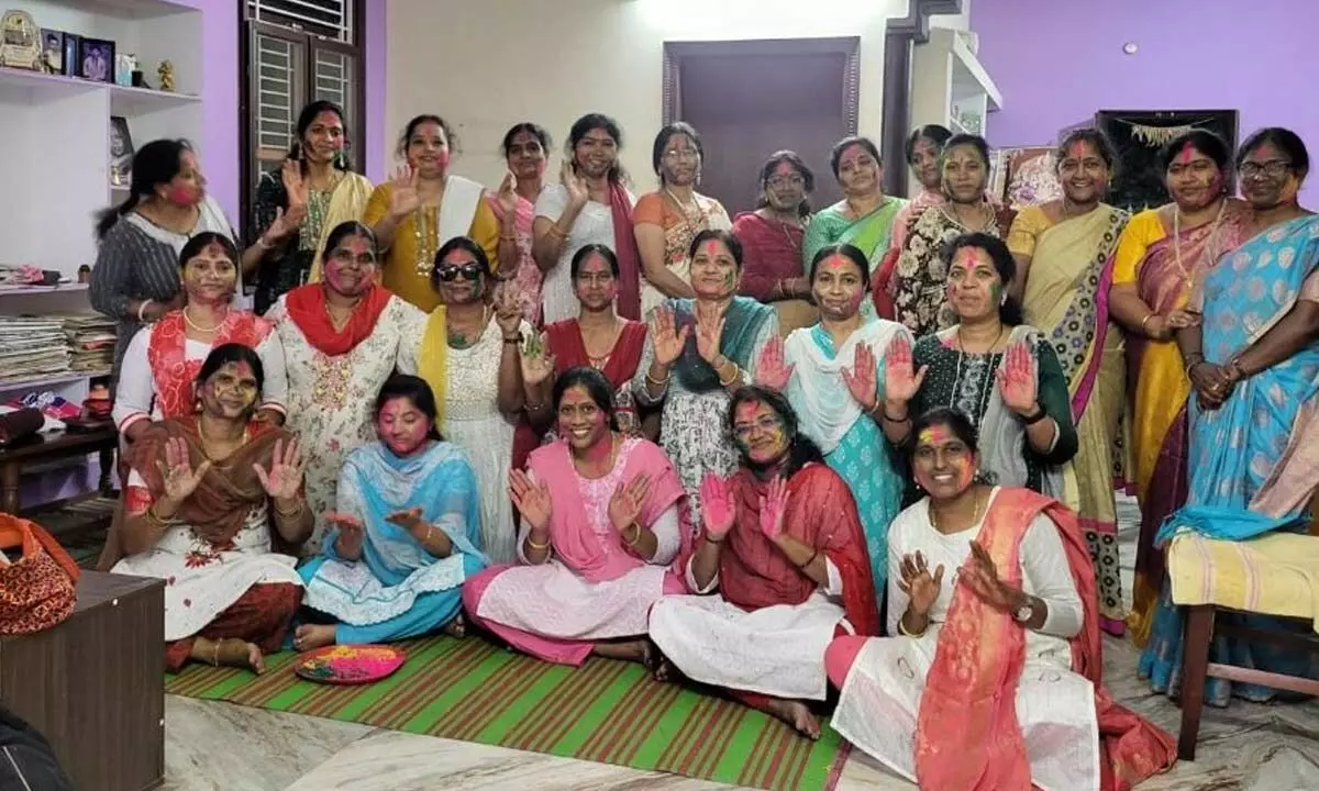 Teachers in Jagtial celebrate early Holi festival