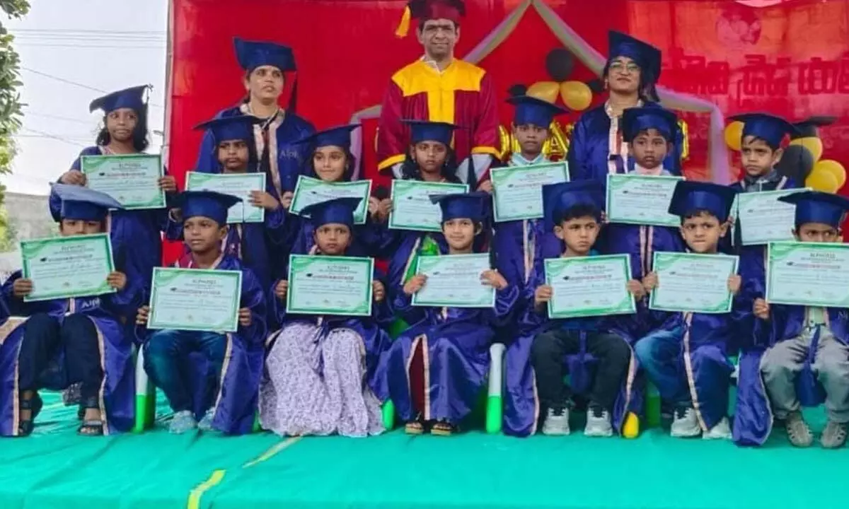 Karimnagar: UKG students from Alphores Sri Vidyabharathi School awarded graduation certificates