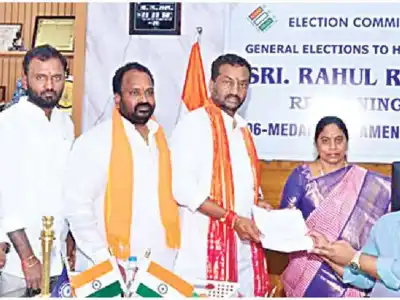 Nomination papers filed by Eatala, Raghunandan, and DK Aruna in Hyderabad