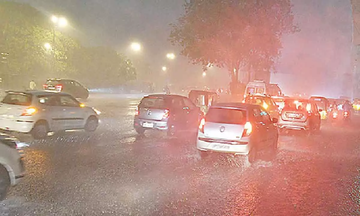 City of Hyderabad experiences severe traffic congestion due to heavy rainfall.