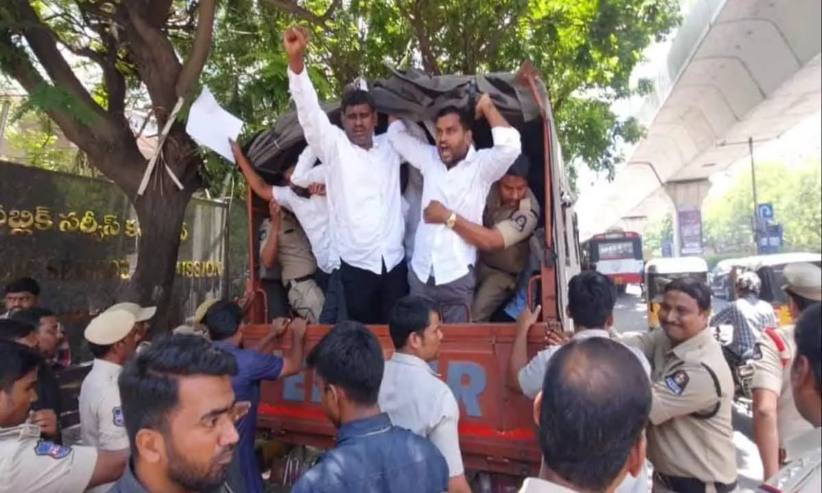 Protest by unemployed young people outside TGPSC office