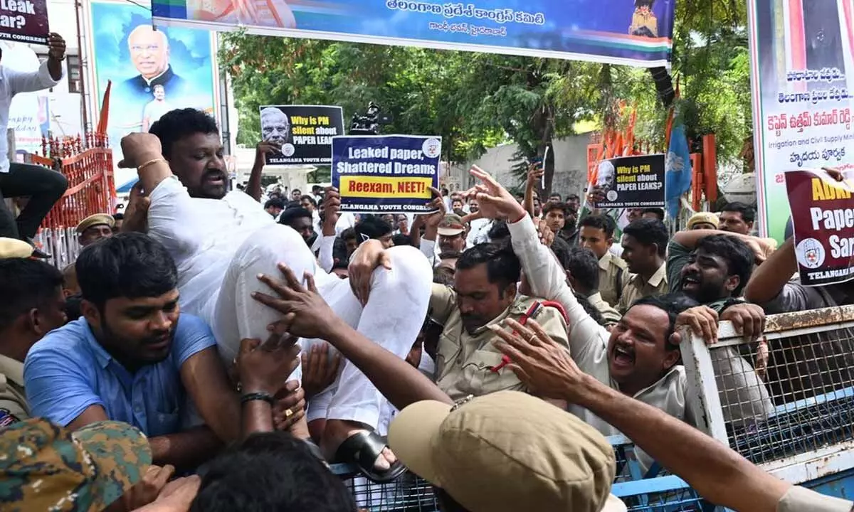 Youth Congress workers protest at BJP office, call for NEET cancellation