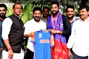 Mohammed Siraj, Indian cricketer, meets Revanth Reddy and gifts him a Team India jersey