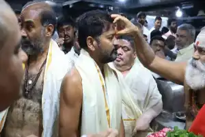 CM Revanth Reddy Blessed by Priests at Vemulawada Temple