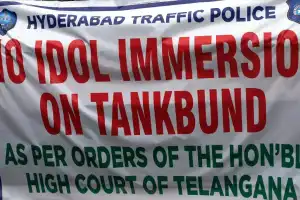 Authorities Install Banners on Tank Bund Banning Ganesh Idol Immersion