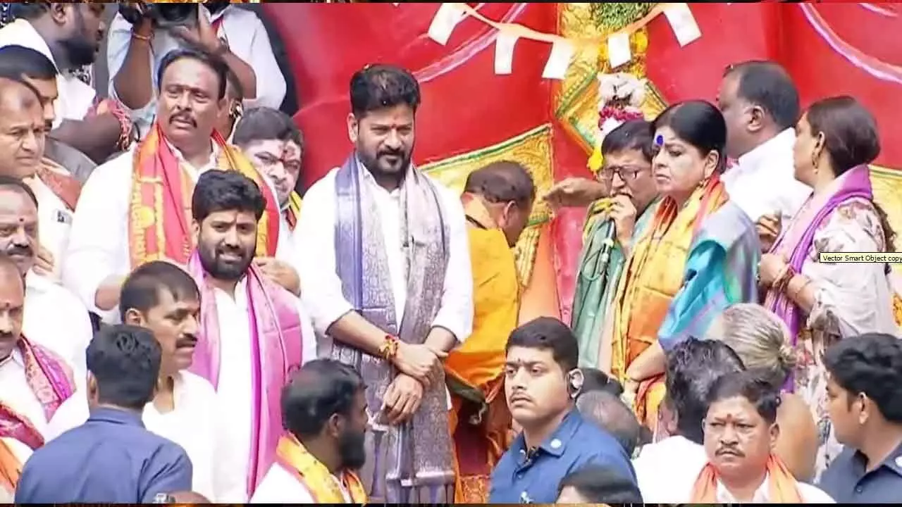Telangana CM Revanth Reddy Attends Inaugural Pooja for Khairatabad Ganesh Chaturthi Festival