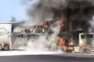 Car-Carrying Container Catches Fire on Hyderabad-Mumbai Highway