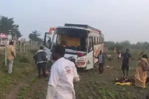 Wanaparthy District: Tourist Bus Veers Off National Highway, Crashes into Crop Fields