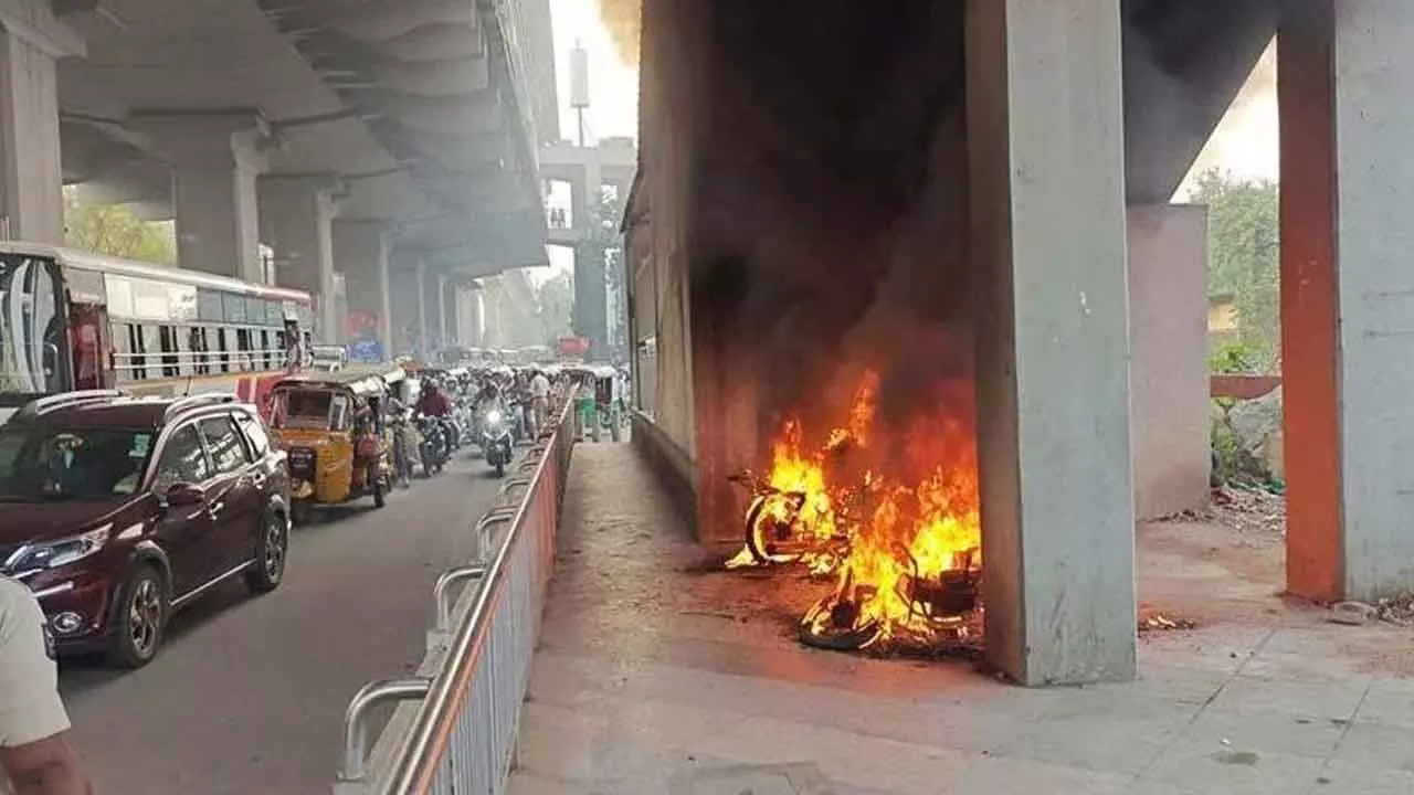Bikes catch fire at Malakpet Metro Station parking