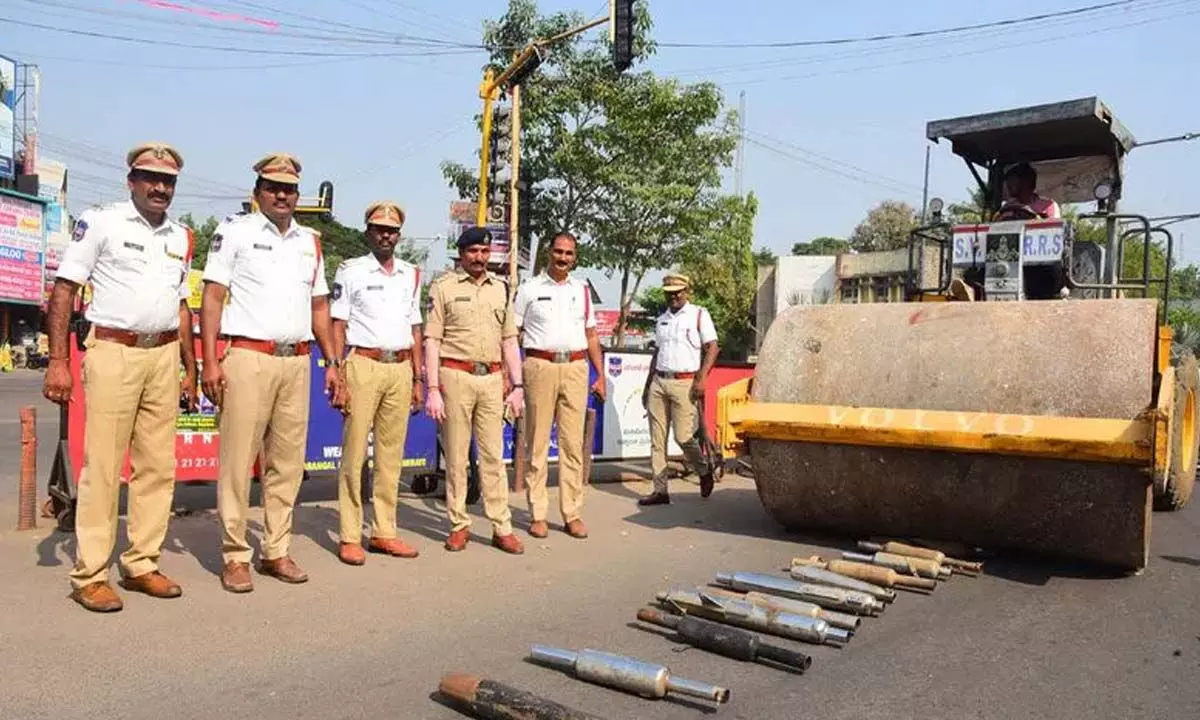 Hanamkonda Police Crush 261 Illegal Bike Silencers