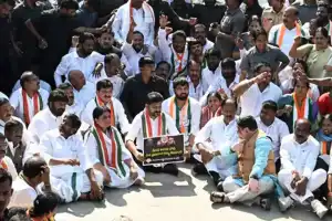 Telangana Congress Leaders Hold Rally at Raj Bhavan Over Manipur and Adani Issues
