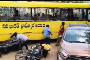 Unfit School Bus Causes Panic in Telangana Chowrasta, Bikers Barely Escape