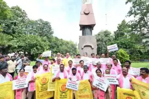 BRS protests with empty bags, blames Congress for urea shortage