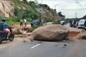Large Rock Blocks Road, Causes Traffic Jam in Hyderabad