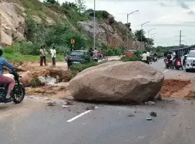 Large Rock Blocks Road, Causes Traffic Jam in Hyderabad