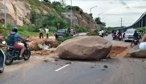 Large Rock Blocks Road, Causes Traffic Jam in Hyderabad