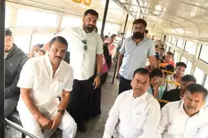 BRS MLAs ride RTC bus to protest fare hike and ask government to cancel it