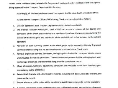 Telangana Transport Department Orders Immediate Closure of Check Posts