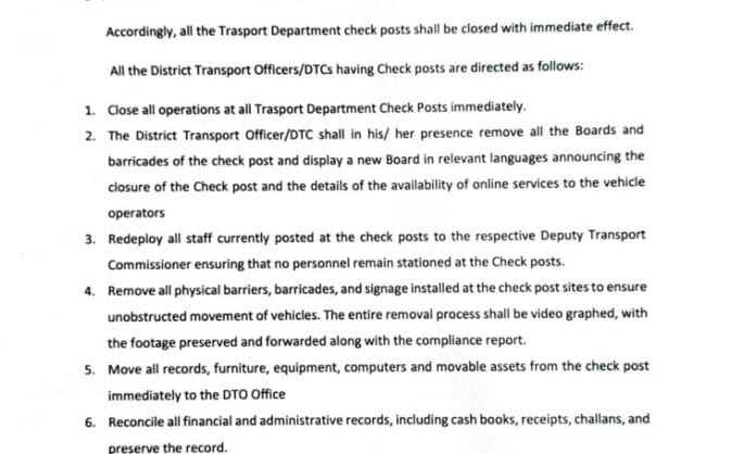 Telangana Transport Department Orders Immediate Closure of Check Posts