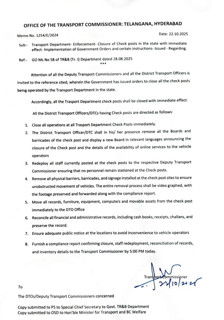 Telangana Transport Department Orders Immediate Closure of Check Posts