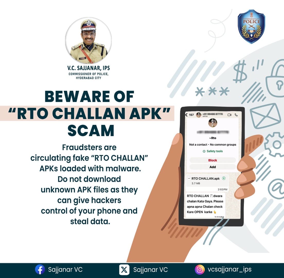 V.C Sajjanar Warns of Fake ‘RTO Challan’ APKs Threatening Cyber Safety