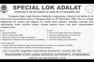 Special Lok Adalat to Be Held Across Telangana on November 15, 2025