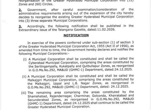 Telangana Govt Splits GHMC Into 3 Bodies: Cyberabad, Malkajgiri Municipal Corporations Formed