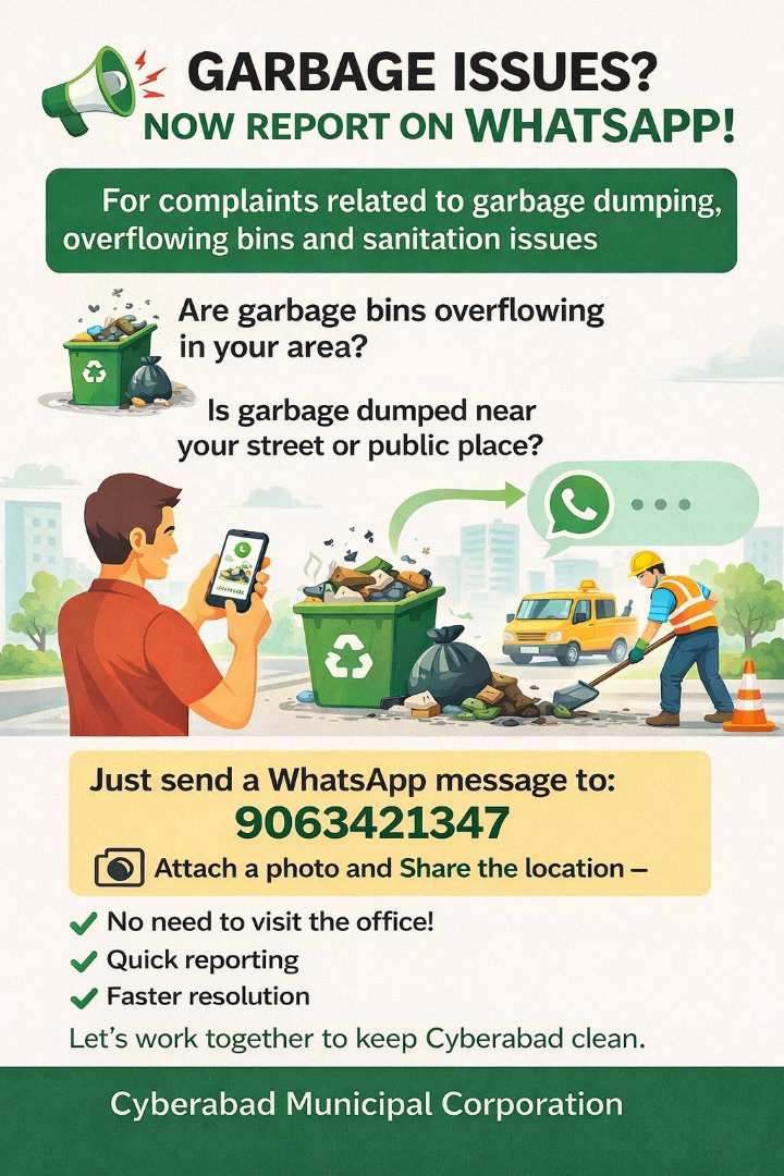 Cyberabad Municipal Corporation Launches WhatsApp Service for Garbage Complaints