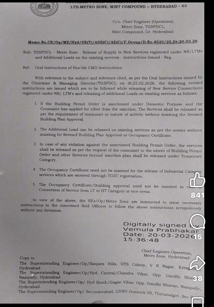 TGSPDCL Issues Memo Easing Power Connections; Some Relief to Consumers without OC