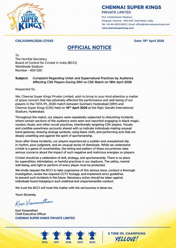 Fake CSK ‘Black Magic’ Complaint Letter Goes Viral After SRH Victory
