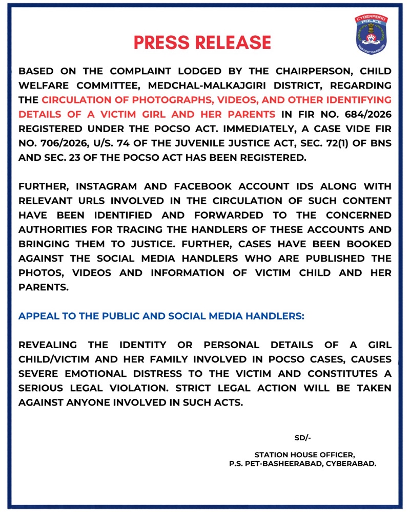 Cyberabad Police Register Cases Against Social Media Accounts for Sharing Minor Victim’s Photos and Videos in POCSO Case
