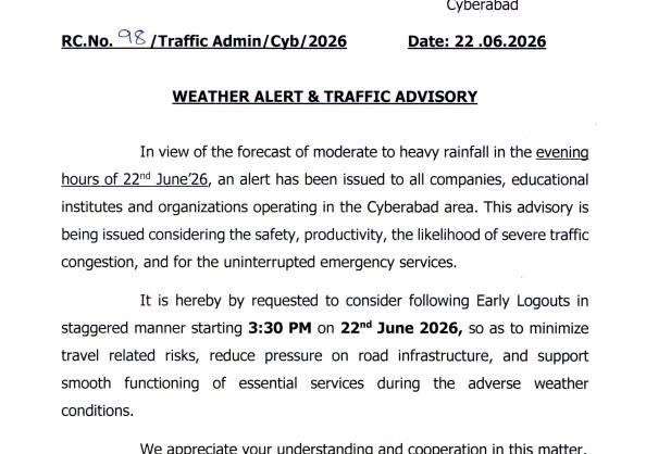 Cyberabad Police Issue Early Logout Advisory for Companies and Schools Due to Heavy Rainfall Alert